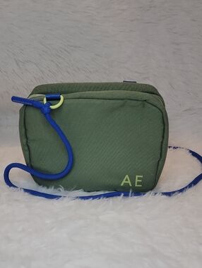 American Eagle Olive Green Crossbody with Blue Adjustable Strap. 8.25x6x3